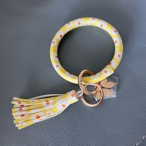 NEW YELLOW LEATHER KEY RING WITH TASSLE/ BUTTERFLY ACCENTS
